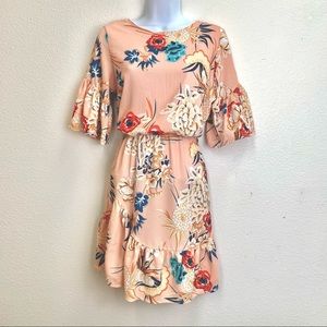 Pretty pink burnt orange teal floral ruffle short dress boho